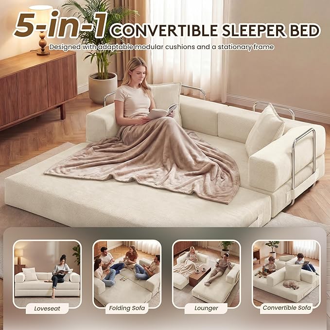 Convertible Sofa Bed78 Inch Folding Futon Sofa BedSleeper Sofa Bed with Fixed-Shape FrameBoneless Couch Loveseat with Pull Out Bed for Living Room with 2 PillowsNo Assembly Required Beige | Tool-