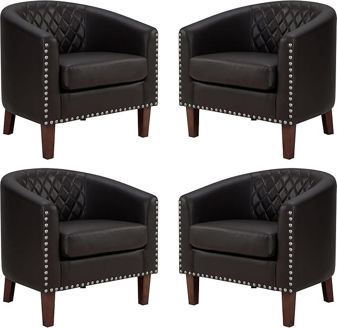 PrimeZone Barrel Chair Comfy Accent Chair Faux Leather Living Room Chairs Club Chairs with Cushion Nailhead Trim and Diamond Mesh Backrest Reading Chairs for Bedroom Waiting Room 4PCS Brown
