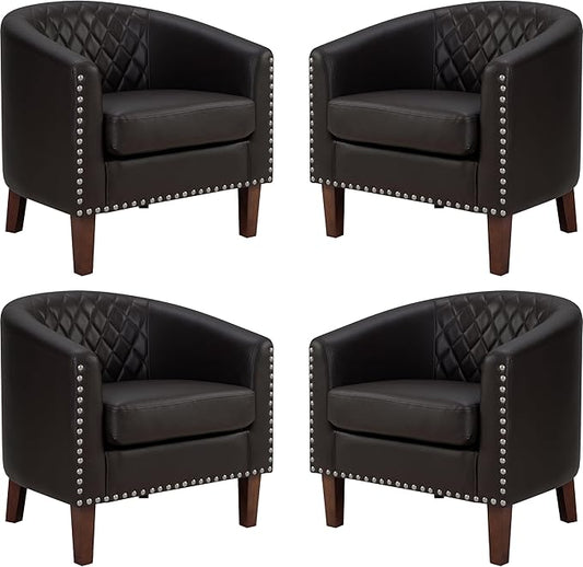 PrimeZone Barrel Chair Comfy Accent Chair Faux Leather Living Room Chairs Club Chairs with Cushion Nailhead Trim and Diamond Mesh Backrest Reading Chairs for Bedroom Waiting Room 4PCS Brown