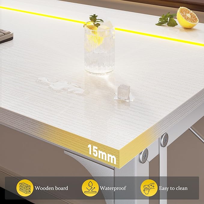 32 Inch White Computer Desk with LED Lights for Small Spaces Office Desk for Home Office Gaming Study Desk Writing Table with Storage BagDesk with Frame Headphone Hook