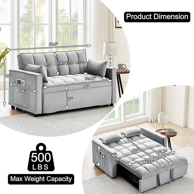 3 in 1 Convertible Sleeper Sofa Bed 55 Pull Out Couches Modern Loveseat Sleeper Sofa with Adjustable Reclining Backrest &amp Side Pockets for Living Room Velvet Fabric Grey