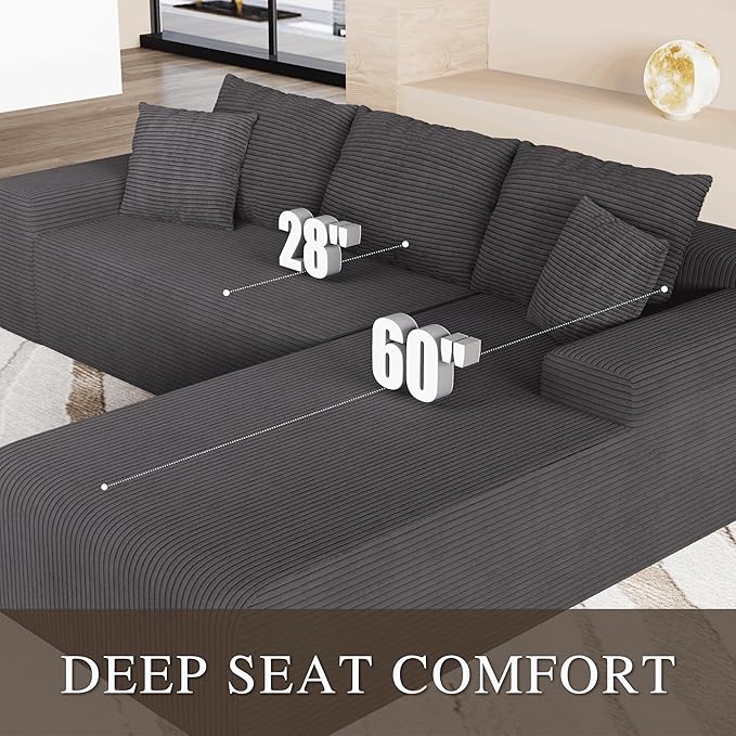 NAYA 106” Modular Sectional Sofa Cloud Sectional Couch with Deep Seat Modern Modular L-Shape Sofa Boneless Couch with Chaise for Living Room Bedroom (Grey Right Facing Chaise)