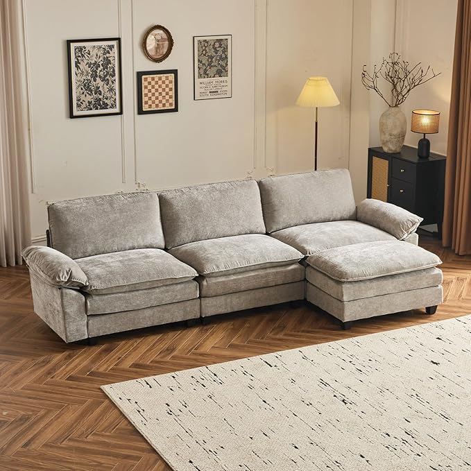 VINGLI 122 Cloud Double-Layer Deep Convertible Sectional Sofa Comfy L-Shape 3-Seat Couches for Living Room Modern Couch with Movable Ottoman for Small Space Light Grey Chenille
