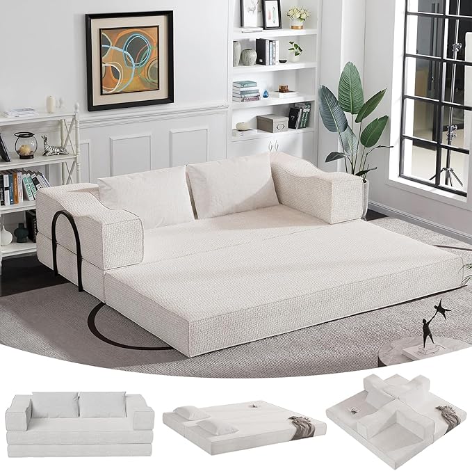 80 Convertible Folding Sofa Bed 4-in-1 DIY Combination Fold Out Sleeper Sofa Bed King Size Loveseat sleeper Couch w/ Removable Armrests Chenille Floor Couch Small couches for small spaces (Beige)