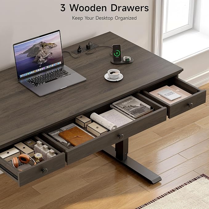 ONBRILL Standing Desk with Drawers 55 x 23 Inch Electric Height Adjustable Desk with Storage &amp Outlets for Computer Workstation Home Office Retro Curved Table Corner Design Black Walnut