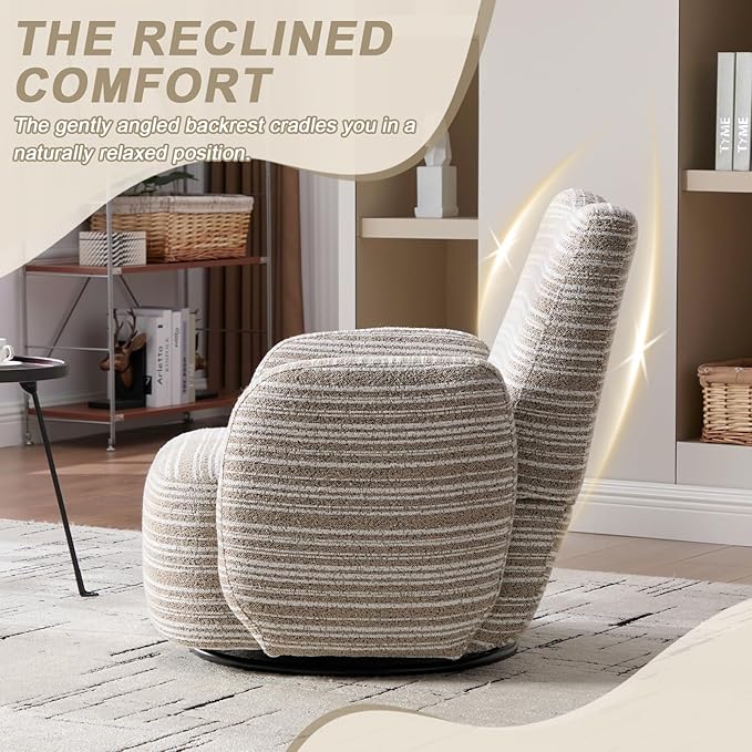 360° Swivel Accent Chair with Armrest Modern Striped Upholstered Lounge Chair Stable Round Base &amp Sturdy Metal Frame Armchair for Bedroom Living Room Office &amp Vanity (Khaki)