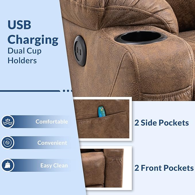 Manual Swivel Glider Rocker Recliner Chair with Heated Massage Ergonomic Lounge 360 Degree Swivel Sofa Seat with 2 Cup Holders Side Pockets &amp USB Ports for Living Room Brown