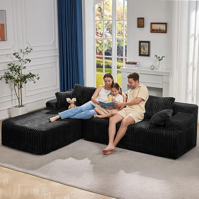 Modular Sectional Sofa Couches L-Shape Couch 3 Seat Modular Sofa Memory Foam Sectional Couches for Living Room Cloud Couch with Oversized Chaise (Black Stripe 108 Left Facing Chaise)
