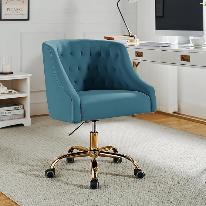 Velvet Home Office Chair with Gold Base Comfortable Modern Cute Desk Chair Height Adjustable Swivel Task Chair for Living Room Bedroom Vanity Study Blue