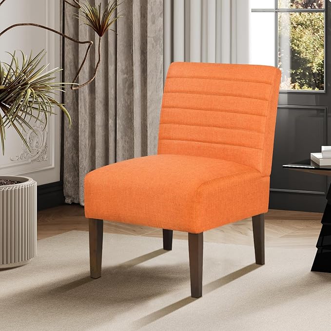 Slipper Accent Chair Modern Armless Lounge Chair with Wood Legs Upholstered Makeup Vanity Tufted Side Chair Fabric Comfy with Decor Back for Living Room Bedroom Patio (Horizontal Back Orange)