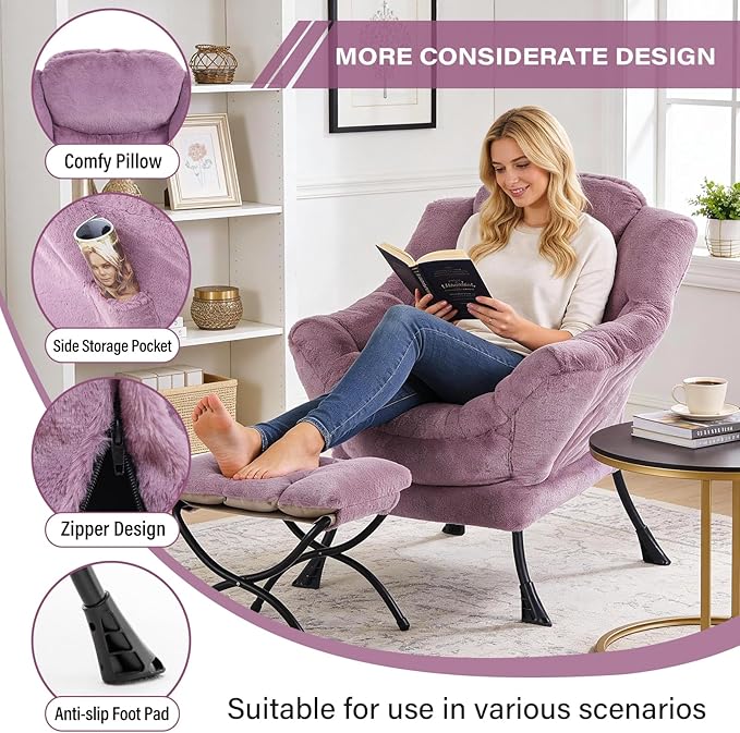 Lazy Chair with Ottoman Modern Accent Lounge Armchair with Side Pocket &amp Foldable Footstool Leisure Reading Chair for Living Room Bedroom Dorm &amp Office Plush Purple