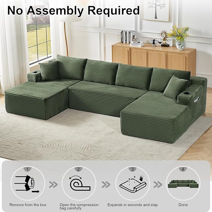 134 Inch U-Shaped Couch Modular Sectional Sofa Oversized Corduroy Boneless Couch with Cup Holder and Storage Pocket 4-Seater Upholstered Cloud Sofa for Living Room No Assembly Required Green