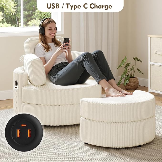 MEISSALIVVE Swivel Accent Chair with Half Moon Ottoman Round Chairs with Drawer Storage for Living Room 360° Barrel Chair with USB Charging Port (White Corduroy)