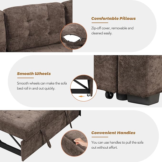 82.6 L-Shape Sofa Bed with Wheels Pull-Out Sleeper Sofa with USB Ports and Power Sockets Multifunctional Convertible Sectional Sofa Set for Living Room Bedroom (Brown-11x)