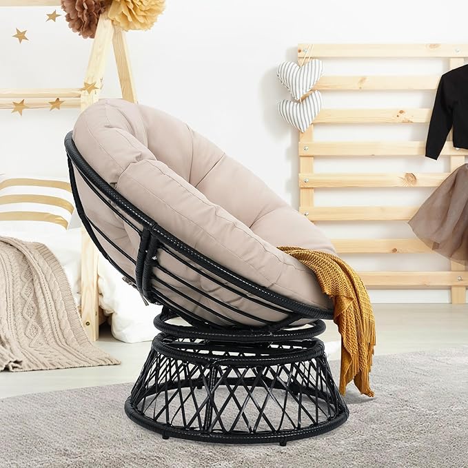 40 Ergonomic Wicker Papasan Chair 360° Swivel Indoor Outdoor Rattan Chair with Soft Thick Cushion Ideal for Living Room Bedroom Reading Room Black Frame with Beige Cushion