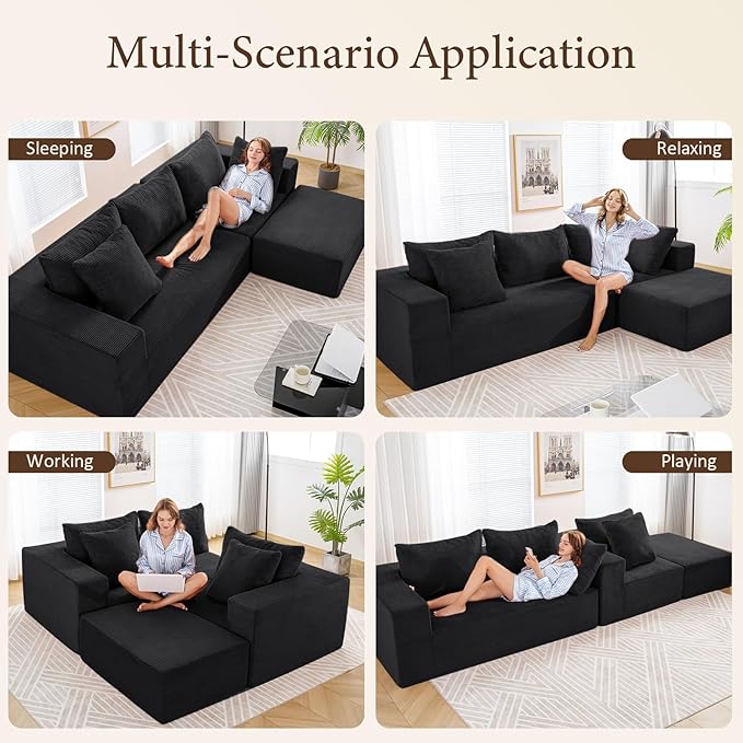 INGEROOM 108 Modular Cloud Sectional Couch with Deep Seat Boneless Sofa with Movable Ottoman Plush Corduroy Memory Foam Couch for Living Room No Assembly Dark Gray
