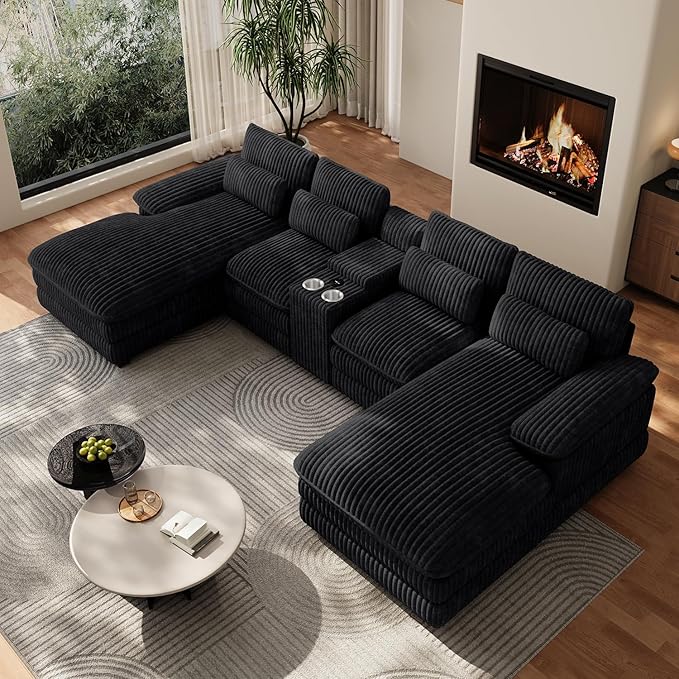 133 Oversized U Shaped Cloud Couch Modular Sectional Couches for Living Room Comfy Corduroy Deep Seat Sofa Set with Double Chaise Lounge Storage Central Console Cup Holders USB Port Black
