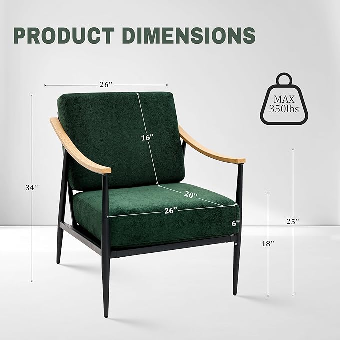 Modern Accent Chair for Living Room Bedroom Mid Century Arm Chair Upholstered Office Accent Chair Comfy Waiting Room Chair with Metal Frame Green