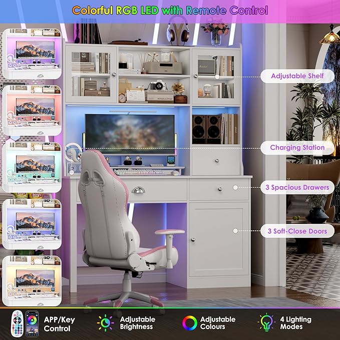 FACBOTALL Computer Desk with Hutch and RGB Lights 65 Office Desk with Power Outlet Makeup Vanity with 3 Doors &amp 3 Drawers White Executive Desks for Home Work and Study
