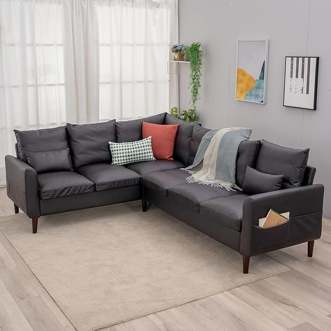Panana 6 Seater Corneer Sofa 3 Seater &amp 2 Seater L Shaped Couchwith Curved Armrest Pockeys Solid Wood Legs Sectional Setee (Black Faux Leather 6 Seater L Shape Corner Sofa)