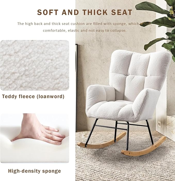 Swinging Chair Daycare Teddy Cushion high backrest Gliding Joystick Reading Chair Modern Swinging Accent Chair Gliding Lounge Chair Suitable for Living Room Daycare Bedroom (Ivory)