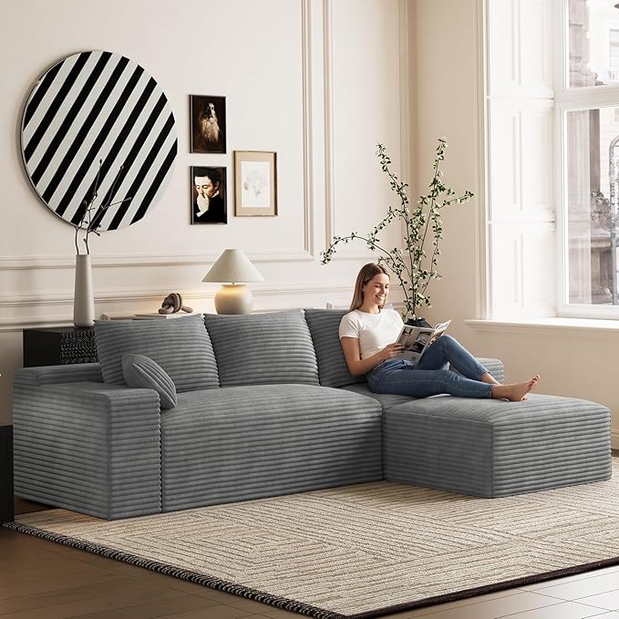 108 Sectional Couches for Living Room Comfy L Shaped Boneless Couches Modern Deep Seat Modular Sofa Cloud Corduroy Couch with Movable Ottoman No Assembly Needed Light Grey
