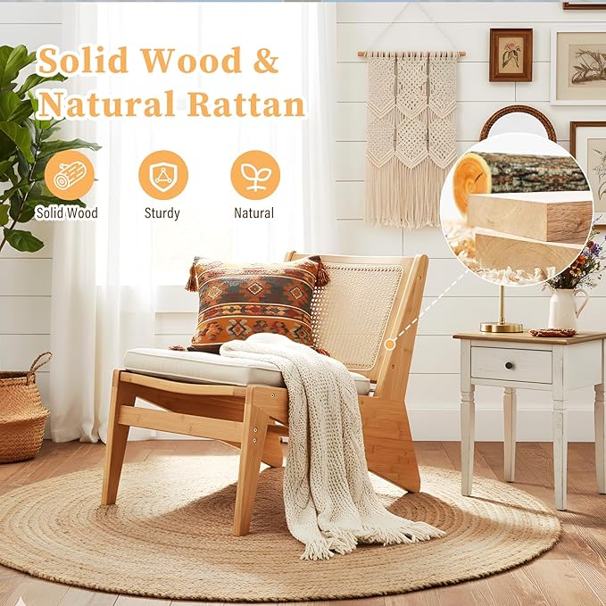 Rattan Accent Chair for Living Room Mid Century Side Chair Comfy Bamboo Chairs for Bedroom Reading Room Wood