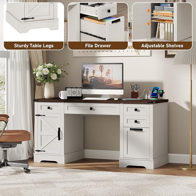 58'' Farmhouse Home Office Desk with Drawers Wooden Executive Desk with Charging Station File Drawers and Storage Cabinet Computer Desk for Work Study and Writing Rustic White
