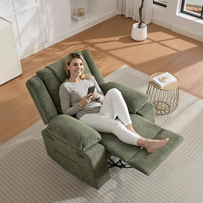 Swivel Rocker Recliner Chair for Adults with Massage and Heat Oversized Linen Fabric Glider Nursery Chair with Deep Seat High Backrest Upholstered Single Sofa for Living RoomGreen