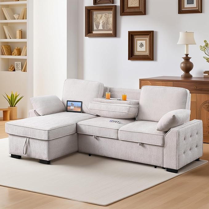 ERYE L-Shaped Pull Out Sleeper Couch Bed Modern Chenille Upholstered Button Tufted Corner Couch Reversible Sectional Sleeper Sofa Bed W/Storage Chaise Cup Holders