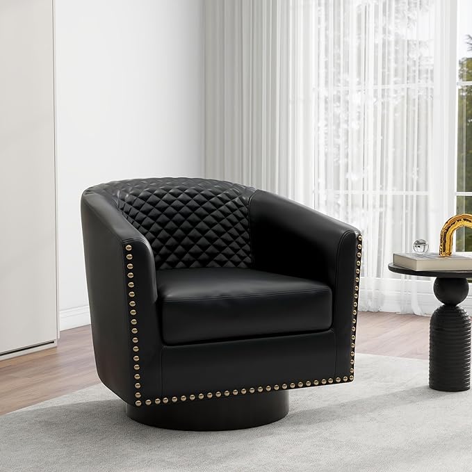 Swivel Barrel Accent Chair Comfy Modern Upholstered Round Faux Leather Arm Chair for Living Room Bedroom（Black Set of 4