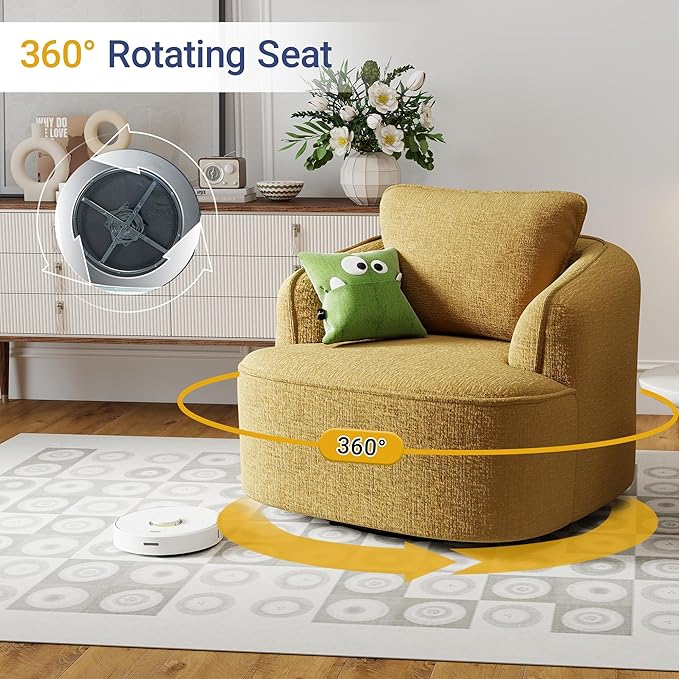 36 Swivel Barrel Chair 360° Rotating Accent Chair with Plush Chenille Upholstery Ergonomic Back &amp Boneless Comfort for Living Room Bedroom Office No-Assembly Gold