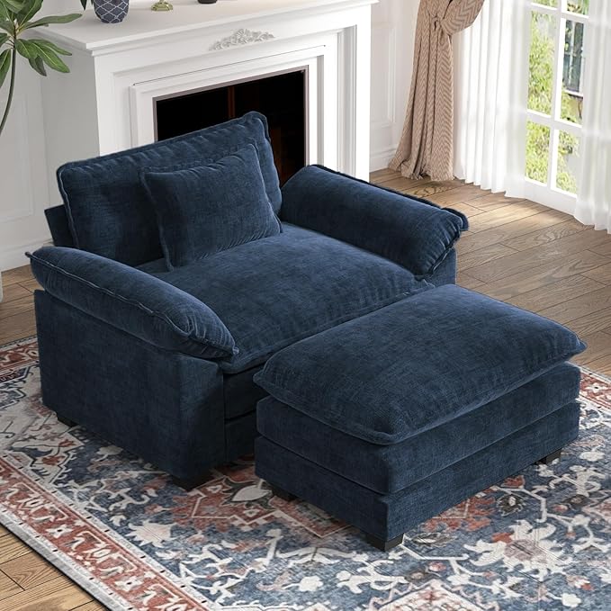 CDCASA Oversized Accent Chair with Ottoman Chenille Comfy Cloud Sofa Chair with Large Seat and Upholstered Armrests Modern Extra Wide Armchair for Bedroom Living Room Blue