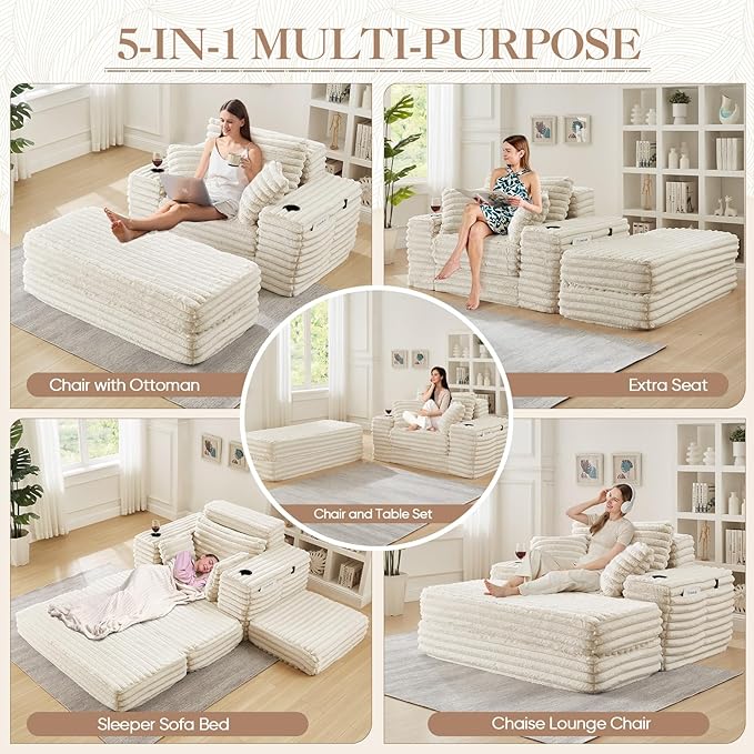 5-In-1 Oversized Chaise Lounge Chair Indoor with Ottoman54.5W Faux Fur Convertible Folding Sleeper Sofa Bed with Cup Holder&ampSide PocketComfy Boneless Couch Sofa Chair for Living RoomBedroom(Be