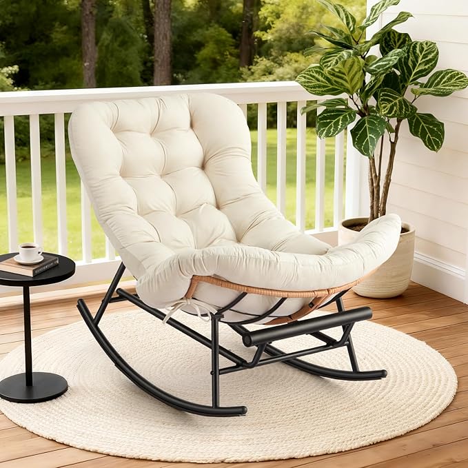 IDEALHOSUE Papasan Rocking Chair with Foot Rest Ergonomic Papasan Chair with Thick Soft Cushion Metal Frame &amp PE Rattan Lounge Chairs for Living Room Bedroom Relaxation Space
