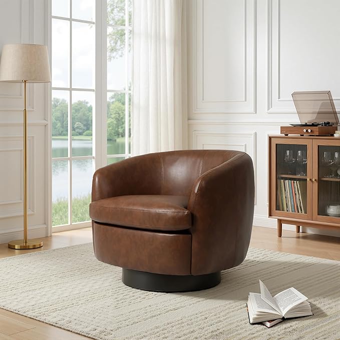 UIXE PU Leather Swivel Barrel Accent Chair Comfy Round Upholstered Armchair Reading Chair for Living Room Barrel Club Chairs Bedroom Brown