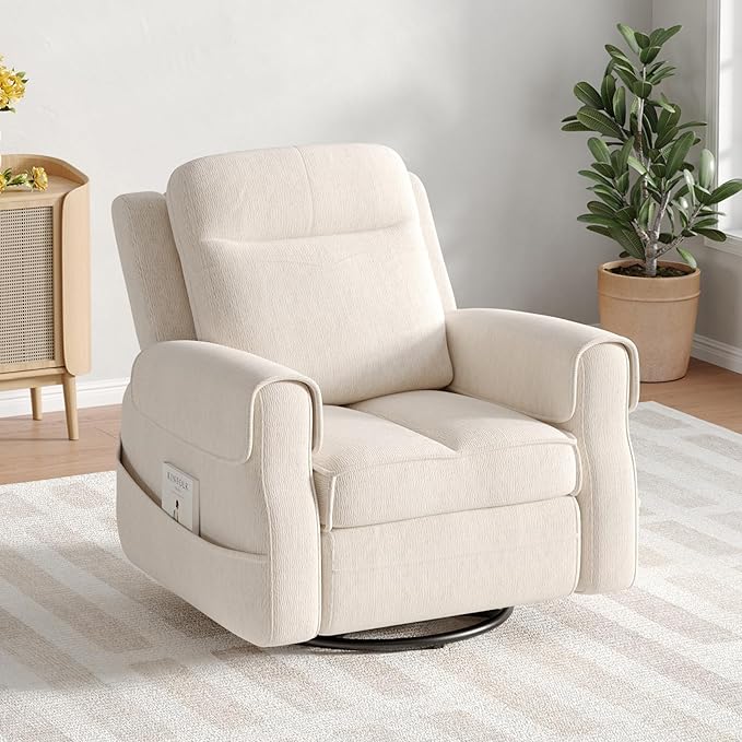 Maupvit Faux Shearling Recliner Chair - 360° Swivel Rocker with Adjustable Footrest and Backrest Plush Upholstered Single Sofa for Small Spaces for Living Room/Nursery/Home Theater (Cream White)
