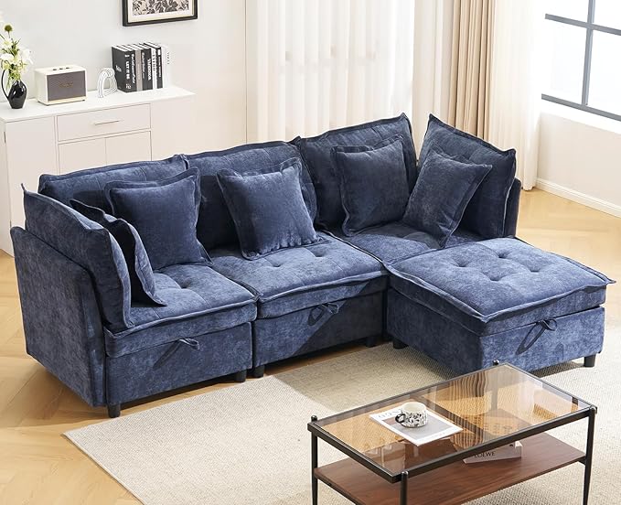 103 Modular Sectional Sofa L-Shaped Corduroy Comfy Sectional Couches for Living Room 3-Seater Cloud Couches with 1 Ottoman Modern Deep Seat Sofa with Large Storage Blue
