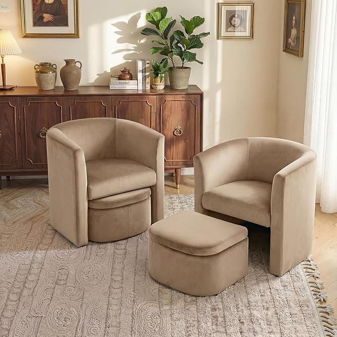 COLAMY Morden Velvet Barrel Accent Chair with Storage Ottoman Set of 2 Upholstered Living Room Side Chair Single Sofa Armchair with Lounge Seat for Bedroom/Office/Reading Spaces Khaki