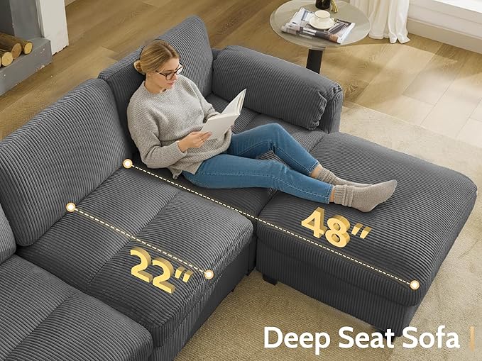 DRMBOOK 140.6'' U Shaped Modular Sectional Cloud Couch Comfy Corduroy 7 Seater Sofa with Curved Armrest Modern Deep Seat Sofa for Living Room (Grey 6 Seat+1 Corner+2 Ottoman)