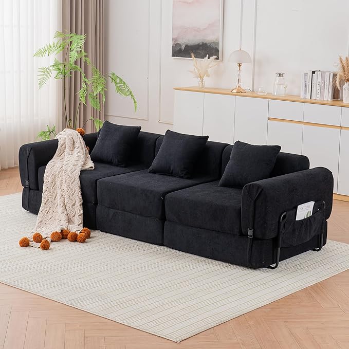 Cloud Modular Sectional Sofa Foldable Floor Couch Bed Convertible Sleeper Sofa Bed Fold Out Boneless Couches for Living Room Office Guest Room Apartment (3 Seater Couch Black)