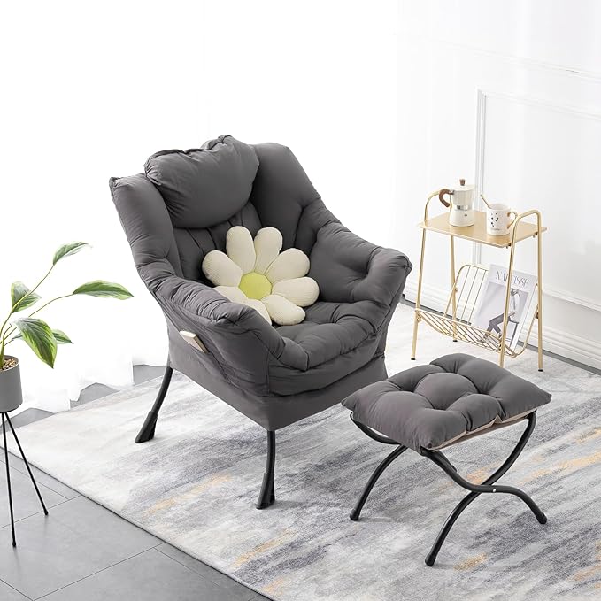 Lazy Chair with Ottoman Lounge Accent Arm Chair with Armrests Side Pocket and Footrest Leisure Upholstered Sofa Reading Chair with Footstool for Living Room Bedroom Dark Grey
