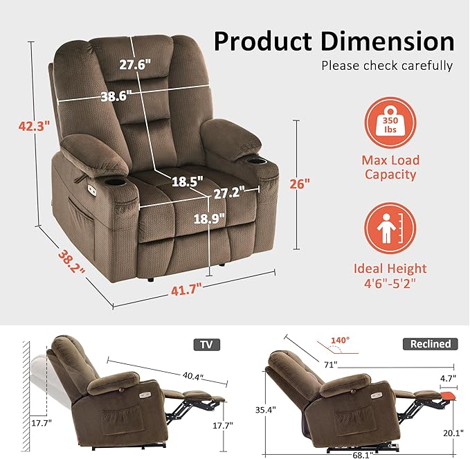 MCombo Oversized Power Lift Recliner Chair Sofa with Massage and Heat for Elderly People Petite USB Ports Side Pockets Fabric R7561 (Brown Small-Oversize)