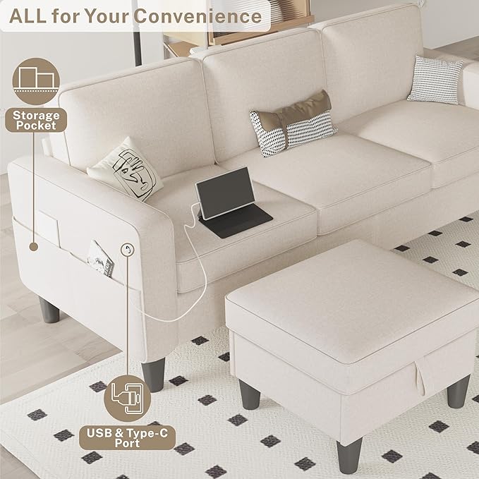 ZeeFu Sectional and Sofa Couches for Living Room - 78'' 3 Seater L-Shaped Modular Couch with Storage Ottoman - Modern Linen Fabric Upholstered Sofa Set for Small Space Apartment Office