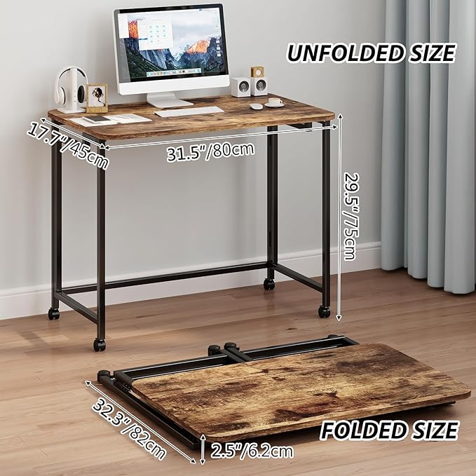 JSB Small Folding Computer Desk with Storage Bag and Hook Writing Modern Industrial Work Table Laptop for Home Office White (Rustic &amp Brown 31.5)