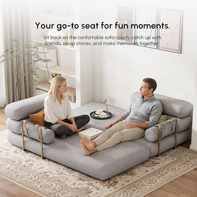 homary Velvet Futon Sofa Bed 81 3-Seater Convertible Couch with Detachable Pillows Stainless Steel Legs Modern Sleeper Sofa for Living Room &amp Apartment (Light Gray)