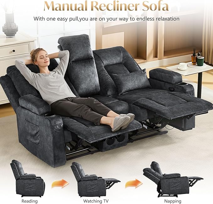 Houjud Manual Reclining Loveseat Sofa with Console Recliner Sofa RV Couch with Bluetooth Speakers USB Charging AC Outlets and Pillow for Home Theater Velvet Gray