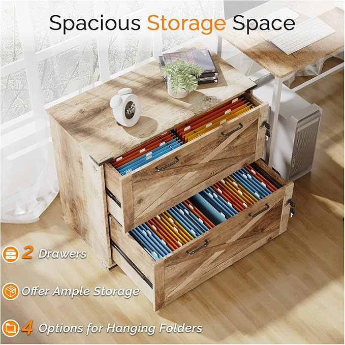 VINGLI 2 Drawer File Cabinet with Lock Home Office Filing Organizer for Letter Legal A4 Size File Folder Storage Modern Farmhouse Wood Lateral Filing Cabinet Archivador (Rustic Gray)