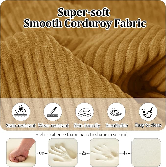 87'' Convertible Compressed Corduroy Folding Cloud Sofa Bed Modern Modular Boneless Pull Out 3 Seater Sleeper in a Box 5 in 1 Foldable Floor Mattress Couch No Assembly Need Yellow Pillows King