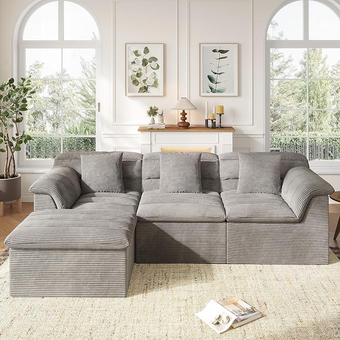 112 Modular Cloud Sectional Couch with Ottoman Modern Upholstered Compressed Sofa with Deep Seat Comfy L-Shape Corduroy Couches for Living Room No Assembly Required Light Gray